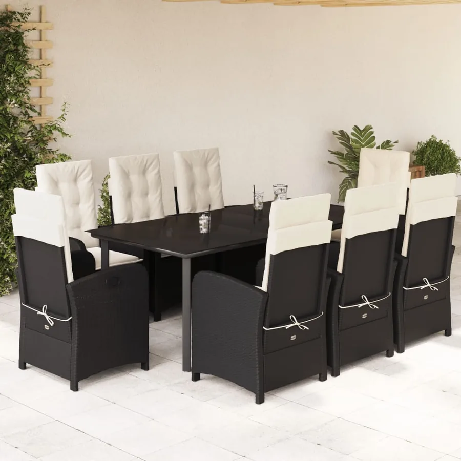 Ensemble à manger de jardin 9pcs coussins noir résine tressée