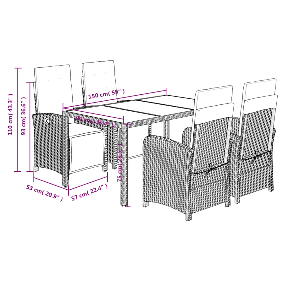 Ensemble à manger de jardin coussins 5pcs Noir Résine tressée - 9