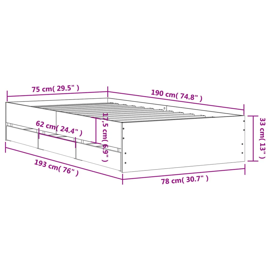 Cadre de lit avec tiroirs sans matelas sonoma gris 75x190 cm - 11