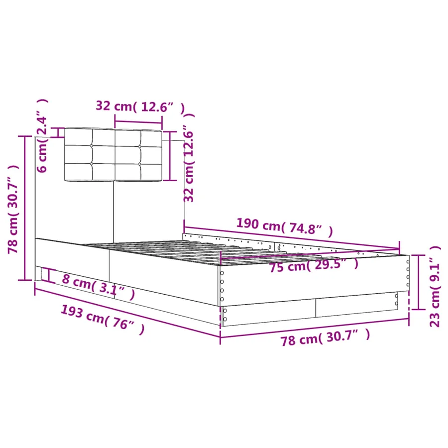 Cadre de lit avec LED sans matelas gris béton 75x190 cm - 14