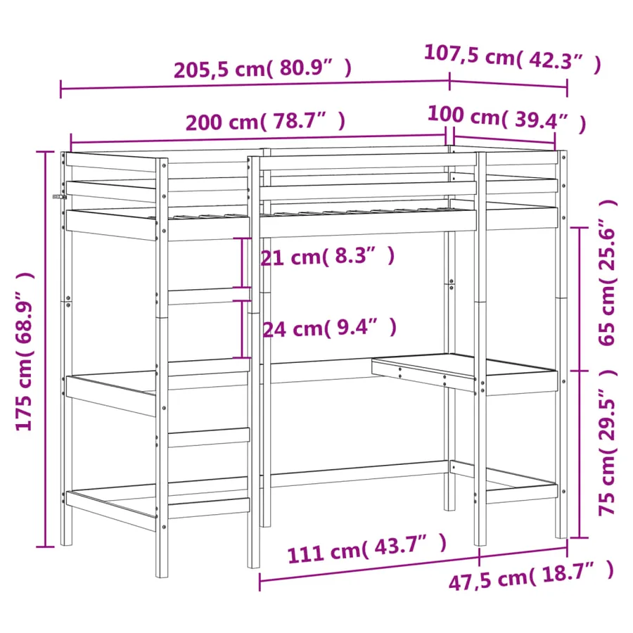Lit superposé sans matelas 100x200 cm bois massif de pin - 10