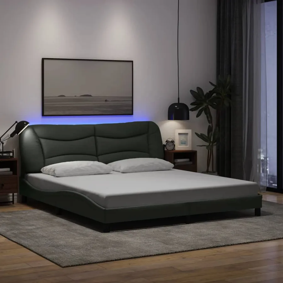 Cadre de lit avec LED sans matelas Hvar gris foncé 180x200 cm tissu
