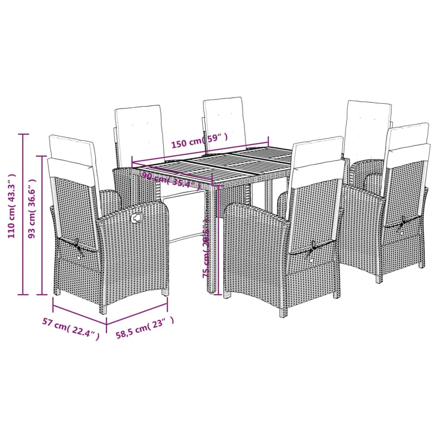 Ensemble à manger de jardin et coussins 7 pcs gris rotin - 9