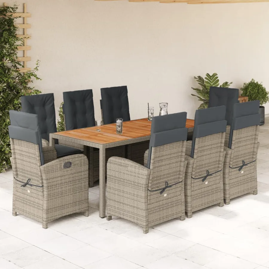 Ensemble à manger de jardin 9 pcs coussins gris résine tressée