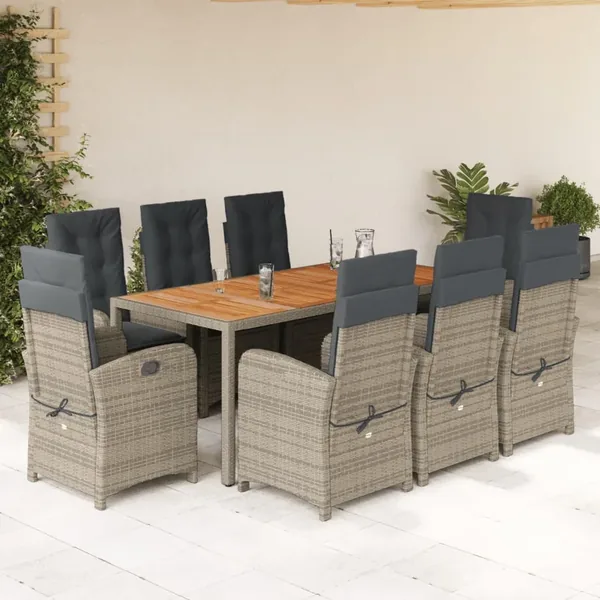 Ensemble à manger de jardin 9 pcs coussins gris résine tressée