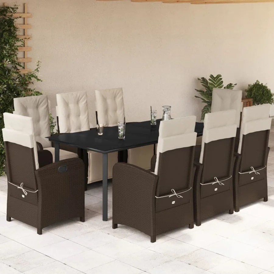 Ensemble à manger de jardin et coussins 9 pcs marron poly rotin
