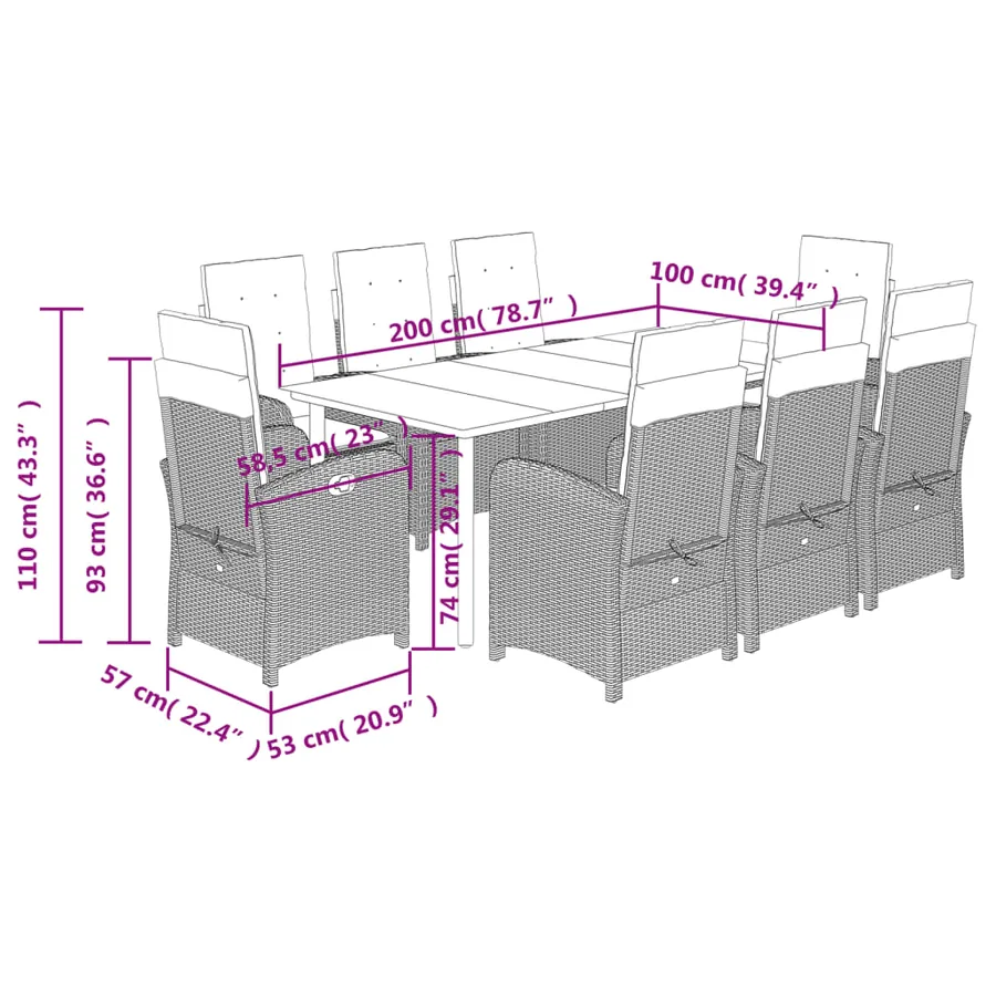 Ensemble à manger de jardin et coussins 9 pcs marron poly rotin - 12