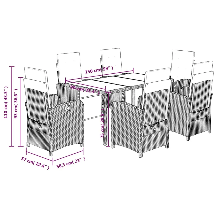 Ensemble à manger de jardin et coussins 7 pcs gris rotin - 9