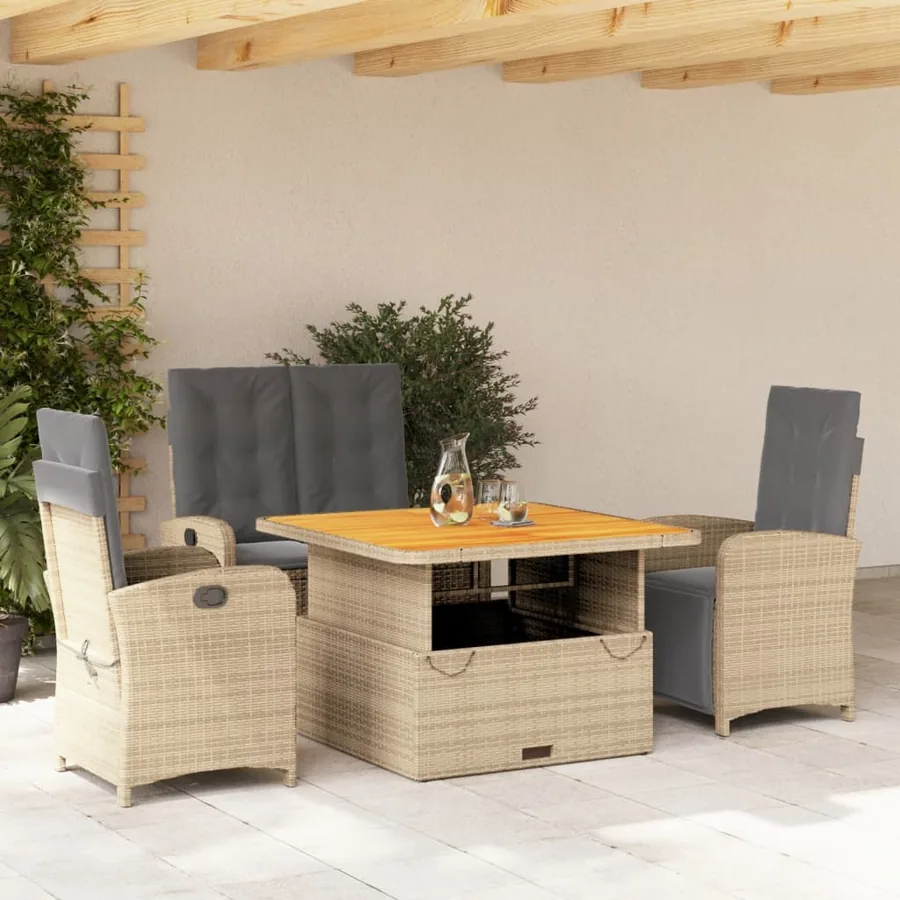 Ensemble à manger de jardin coussins 4 pcs beige résine tressée