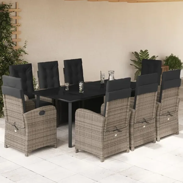 Ensemble à manger de jardin 9 pcs coussins gris résine tressée