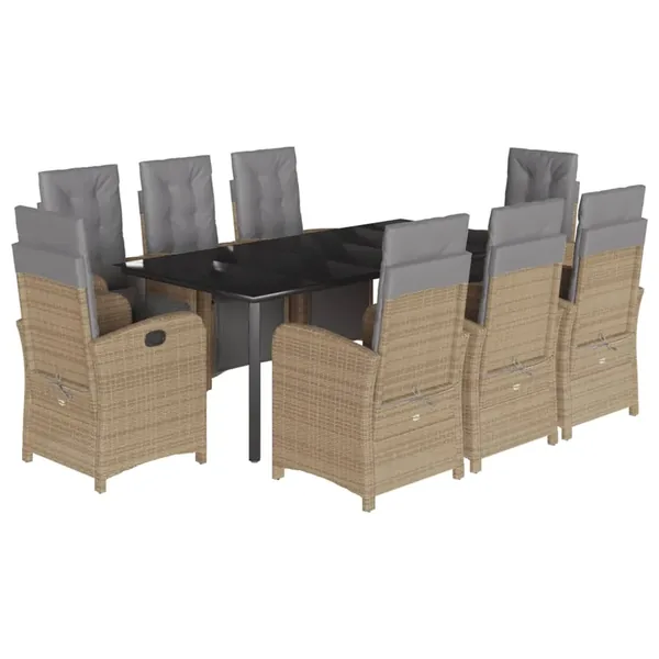 Ensemble à manger de jardin et coussins 9 pcs beige Poly rotin