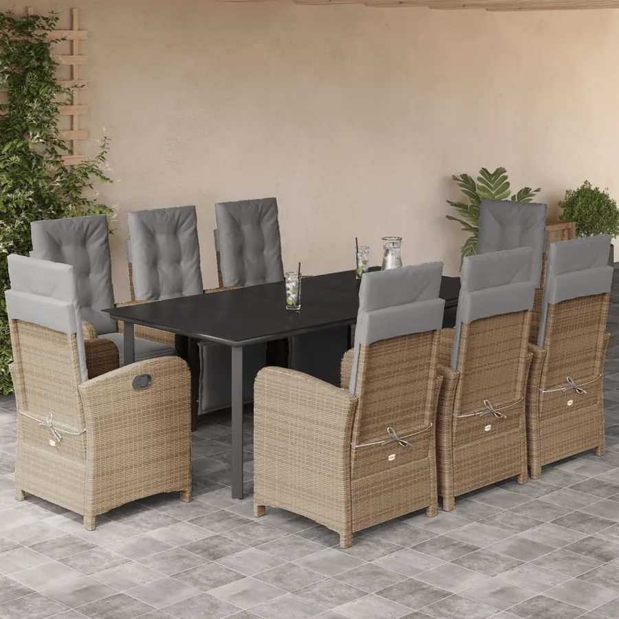 Ensemble à manger de jardin et coussins 9 pcs beige Poly rotin - 2
