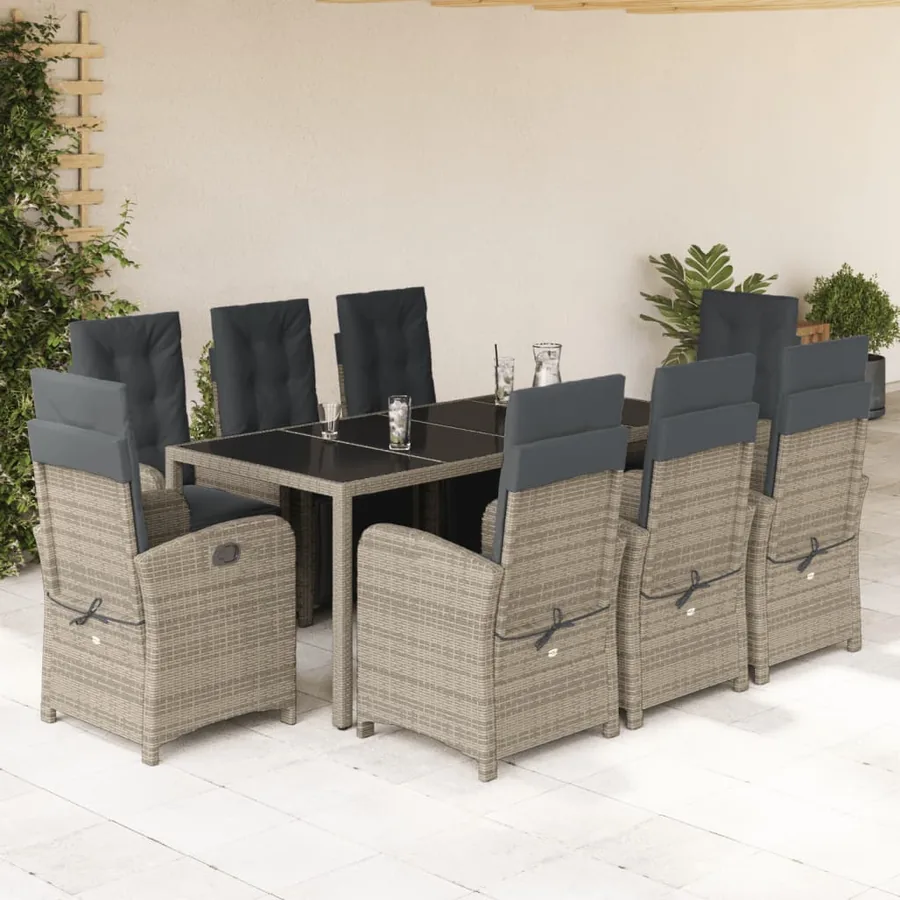 Ensemble à manger de jardin 9 pcs coussins gris résine tressée