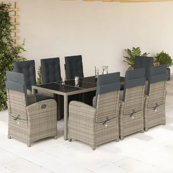 Ensemble à manger de jardin 9 pcs coussins gris résine tressée