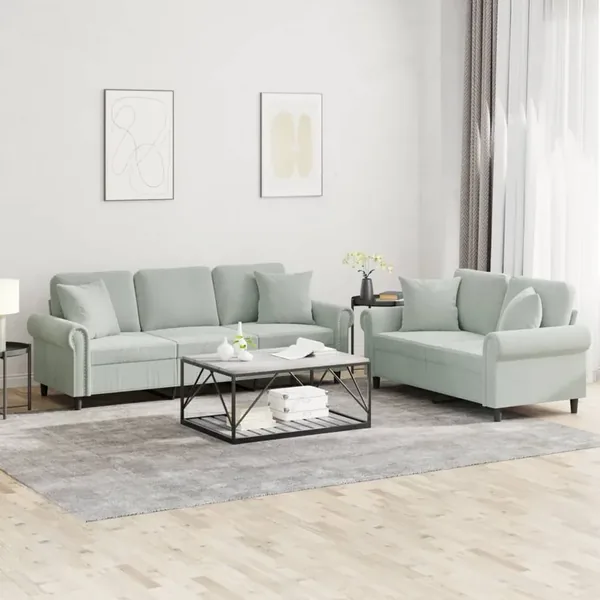 Ensemble de canapés 2 pcs avec coussins gris clair velours