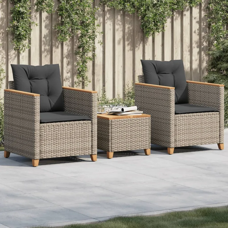 Ensemble de bistro 3 pcs et coussins gris résine tressée acacia
