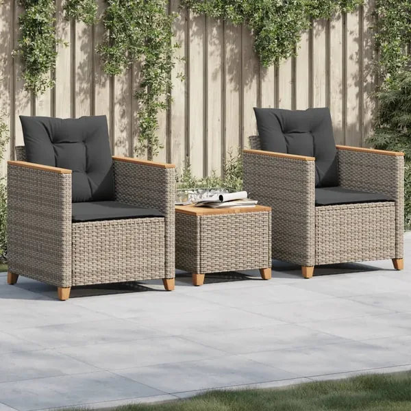 Ensemble de bistro 3 pcs et coussins gris résine tressée acacia