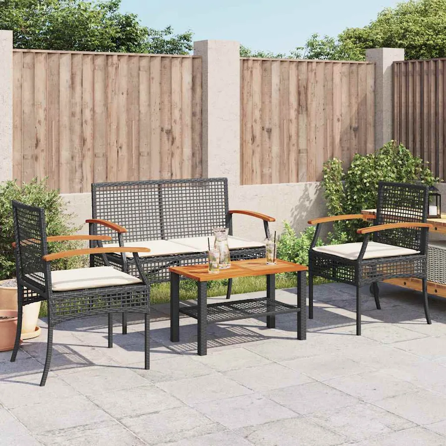 Salon de jardin 4 pcs avec coussins Noir Résine tressée - 3