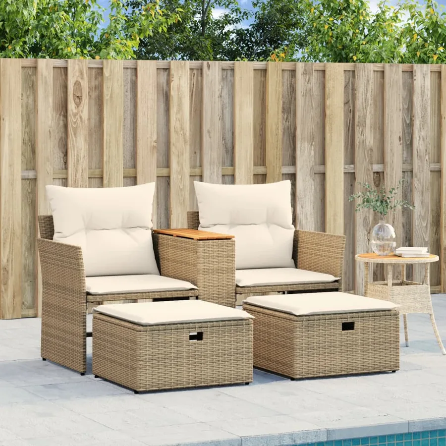 Canapé de jardin 2 places avec tabourets beige résine tressée - 3