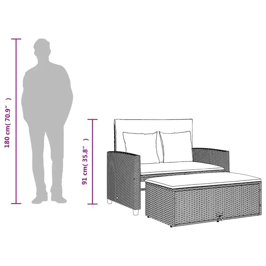 Banc inclinable de jardin avec coussins marron résine tressée - 14