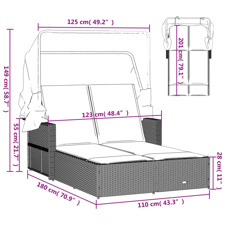 Chaise longue double et auvent et coussins mélange beige rotin - 12