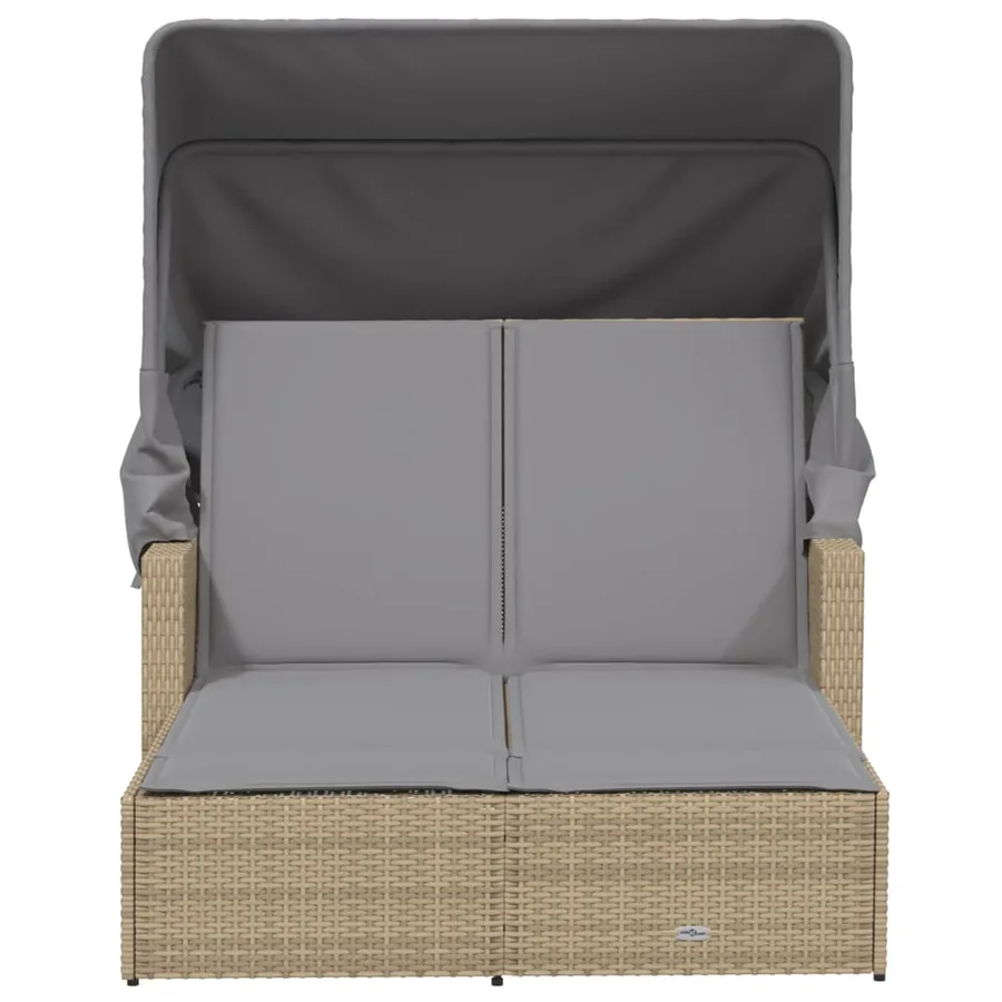Chaise longue double et auvent et coussins mélange beige rotin - 4