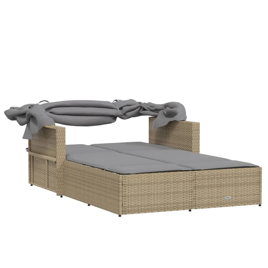 Chaise longue double et auvent et coussins mélange beige rotin - 7