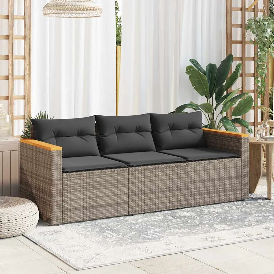 Canapé de jardin avec coussins 3 places gris résine tressée - 3