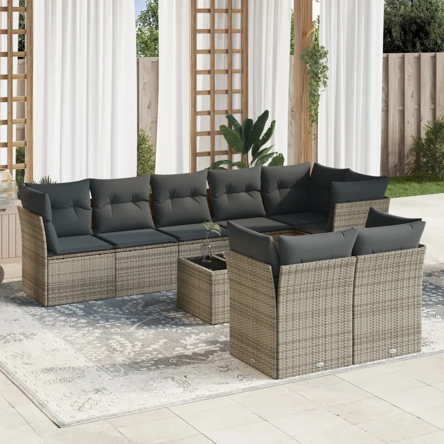 Salon de jardin 9 pcs avec coussins gris résine tressée