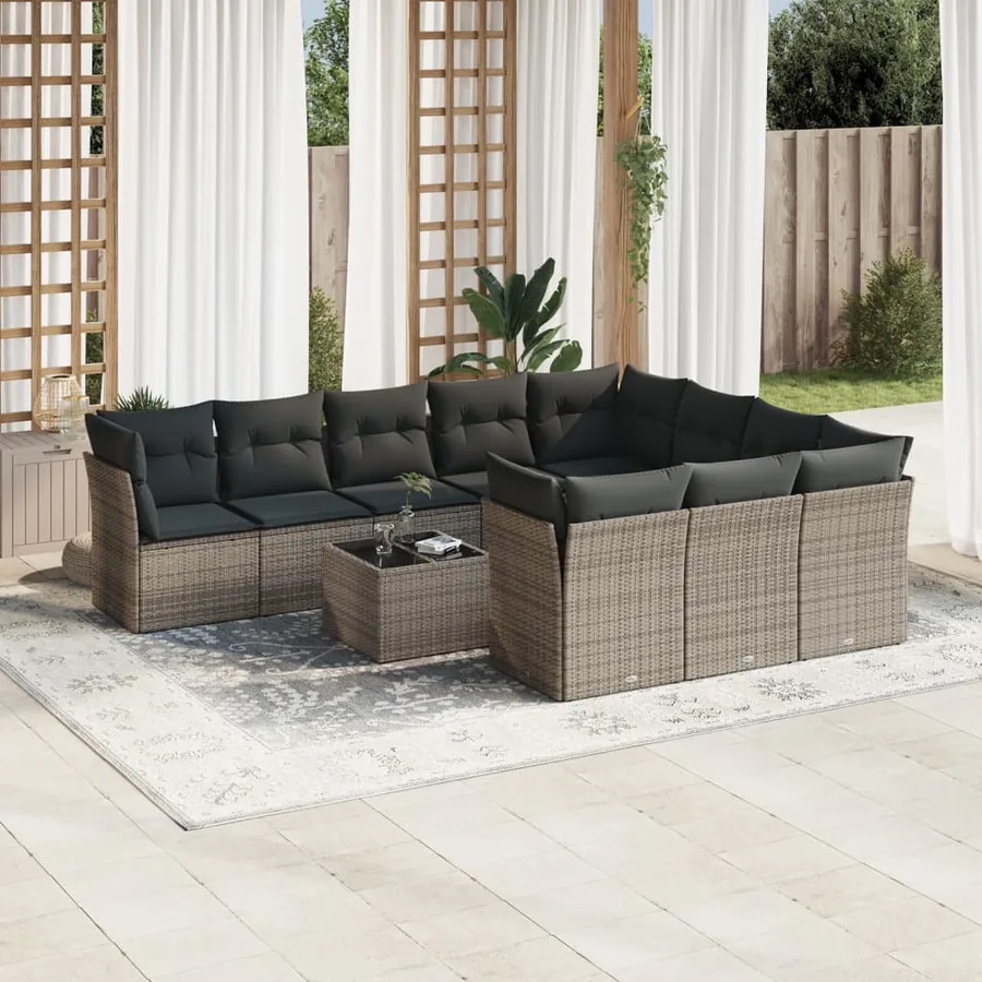 Salon de jardin 11 pcs avec coussins gris résine tressée