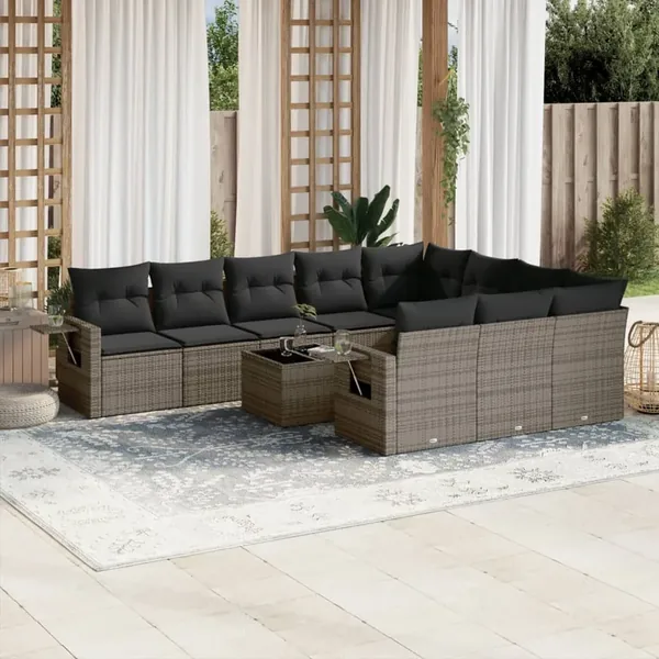 Salon de jardin 11 pcs avec coussins gris résine tressée