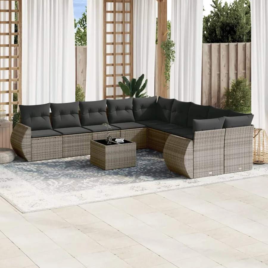 Salon de jardin avec coussins 10 pcs gris résine tressée