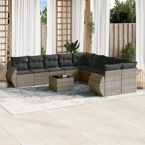 Salon de jardin avec coussins 10 pcs gris résine tressée