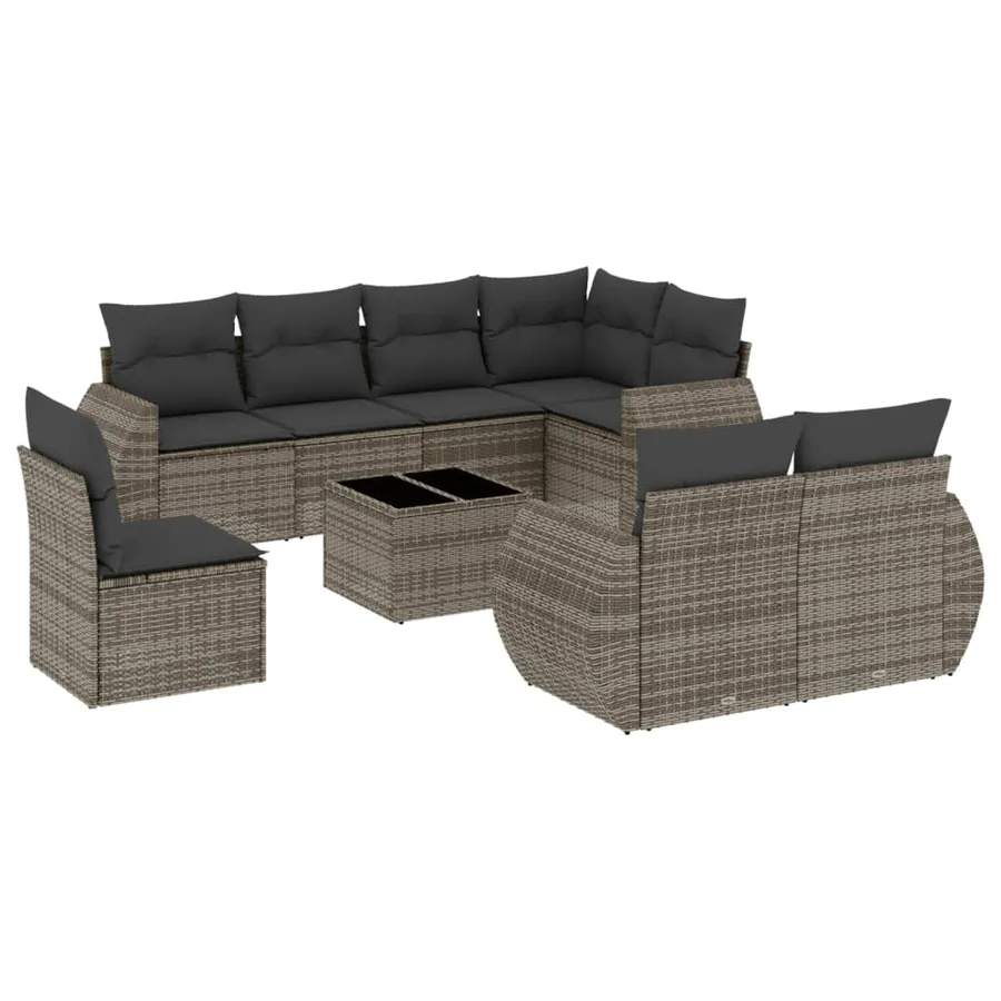 Salon de jardin 9 pcs avec coussins gris résine tressée - 2