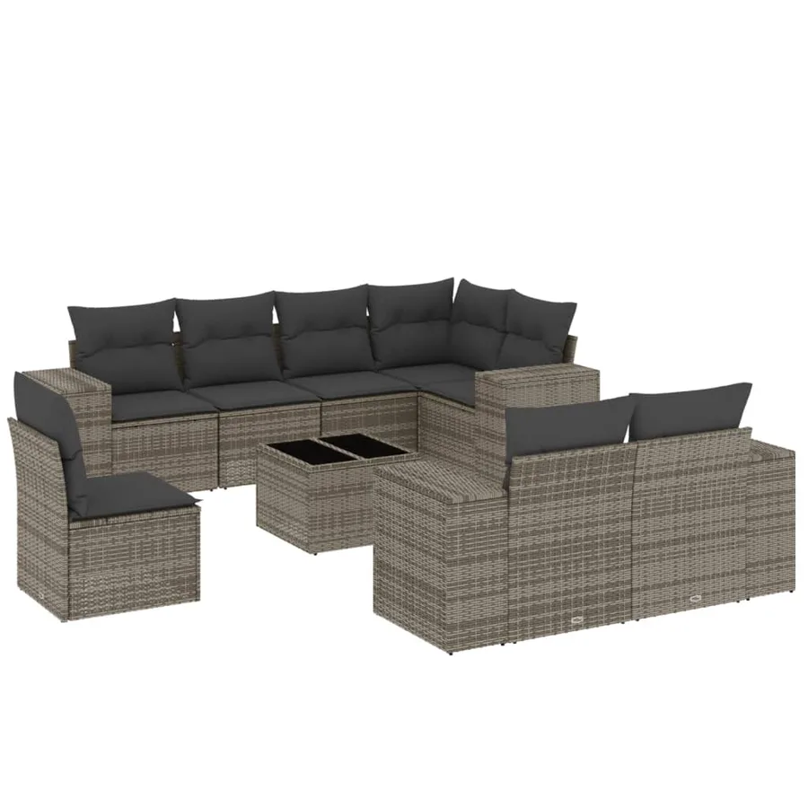 Salon de jardin 9 pcs avec coussins gris résine tressée - 2