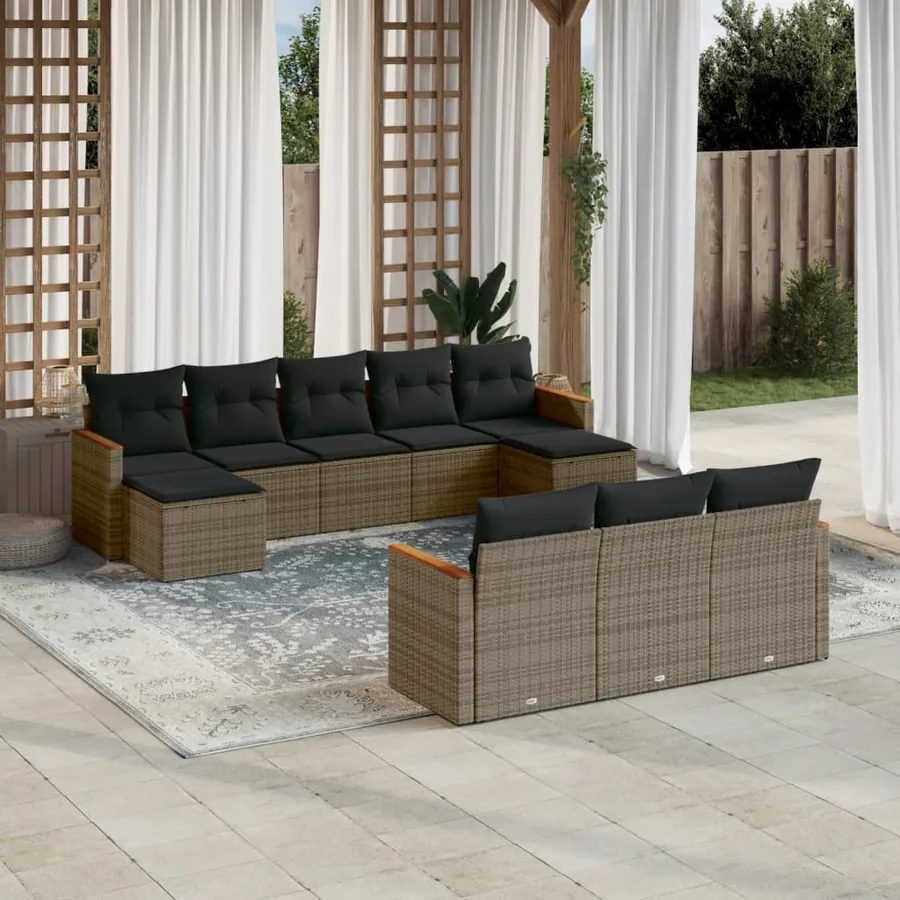 Salon de jardin avec coussins 10 pcs gris résine tressée