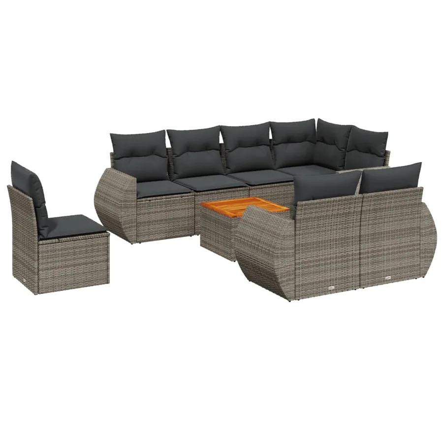 Salon de jardin 9 pcs avec coussins gris résine tressée - 2