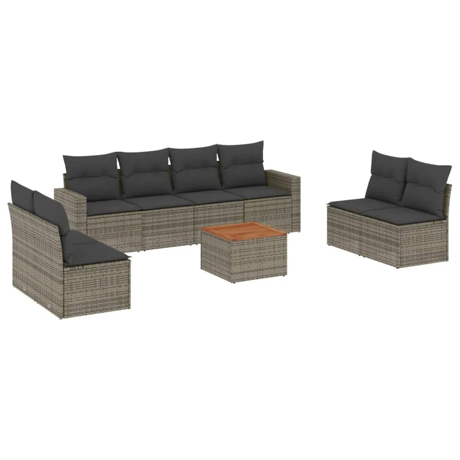 Salon de jardin 9 pcs avec coussins gris résine tressée - 2