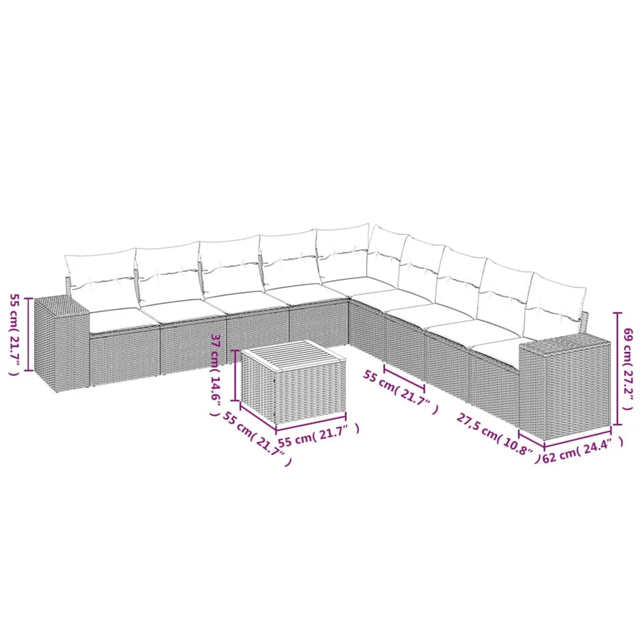 Salon de jardin avec coussins 10 pcs gris résine tressée - 3