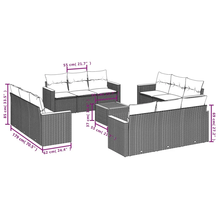 Salon de jardin avec coussins 13 pcs gris résine tressée - 3