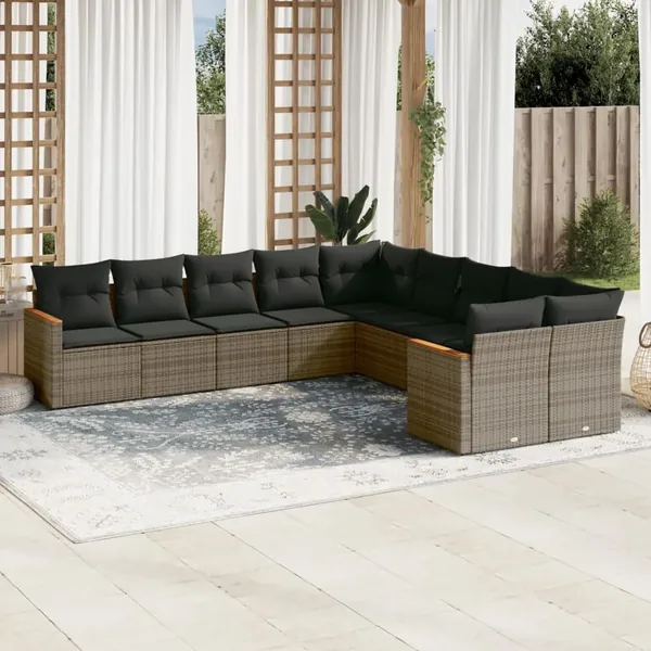 Salon de jardin avec coussins 10 pcs gris résine tressée