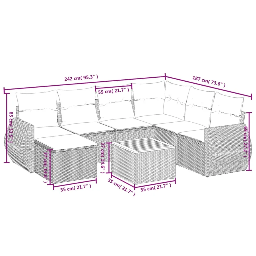 Salon de jardin 8 pcs avec coussins gris résine tressée - 3