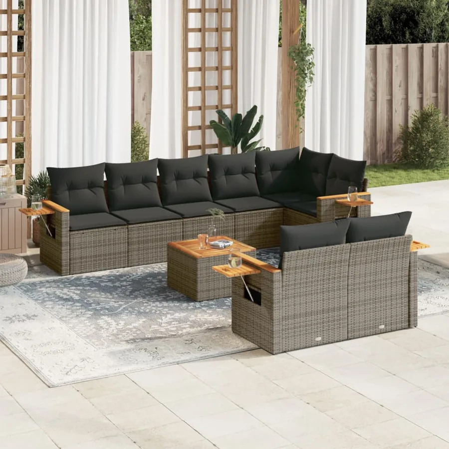 Salon de jardin 9 pcs avec coussins gris résine tressée
