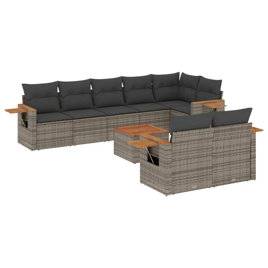 Salon de jardin 9 pcs avec coussins gris résine tressée - 2