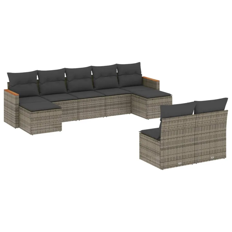 Salon de jardin 9 pcs avec coussins gris résine tressée - 2