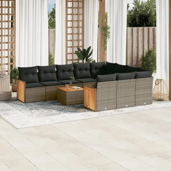 Salon de jardin 11 pcs avec coussins gris résine tressée