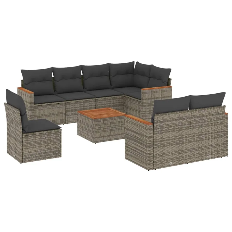 Salon de jardin 9 pcs avec coussins gris résine tressée - 2