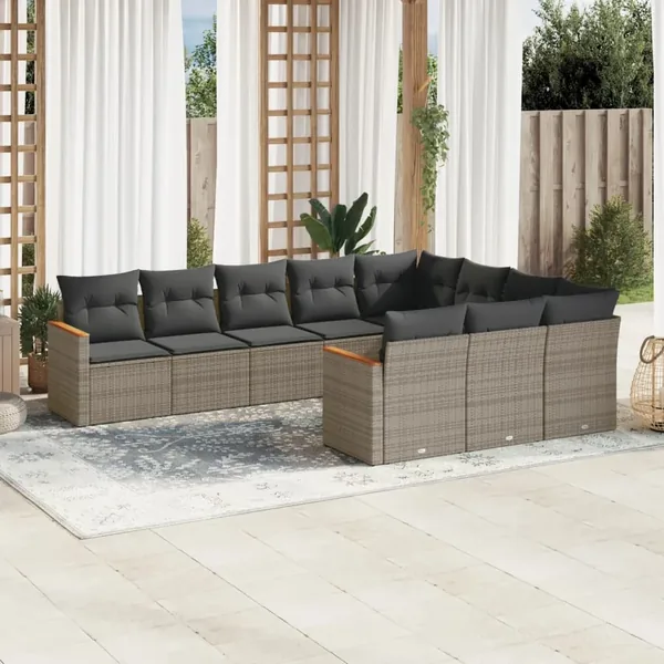 Salon de jardin avec coussins 10 pcs gris résine tressée