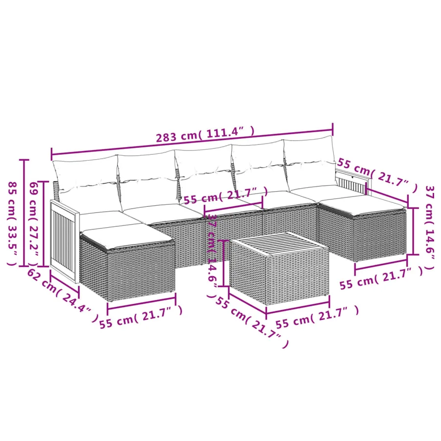 Salon de jardin 8 pcs avec coussins gris résine tressée - 3