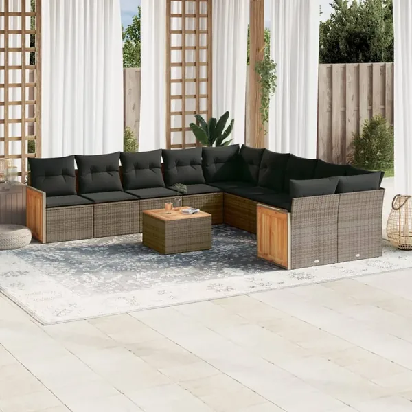 Salon de jardin 11 pcs avec coussins gris résine tressée